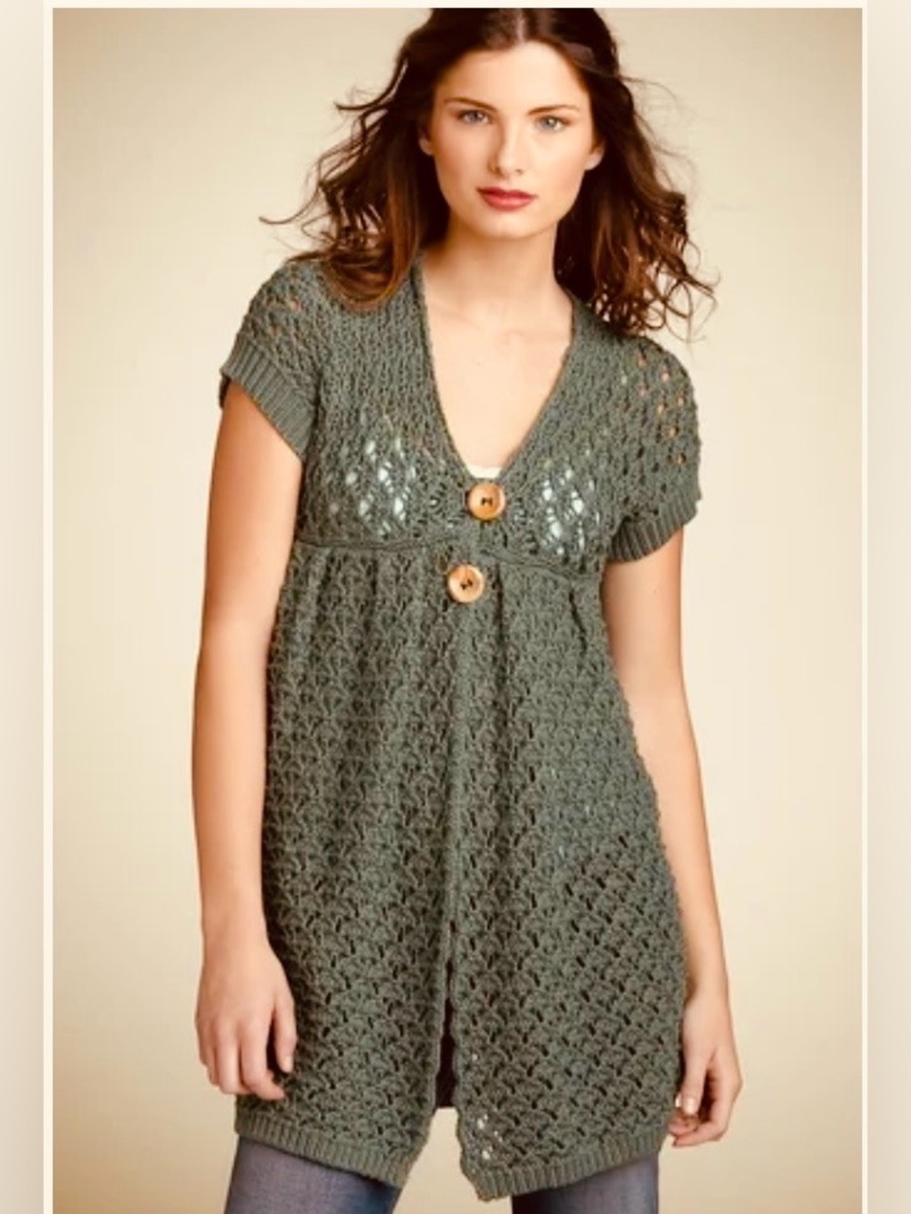 Free People Sz S Green Short-Sleeve Crochet Cardigan Beach Cover-Up